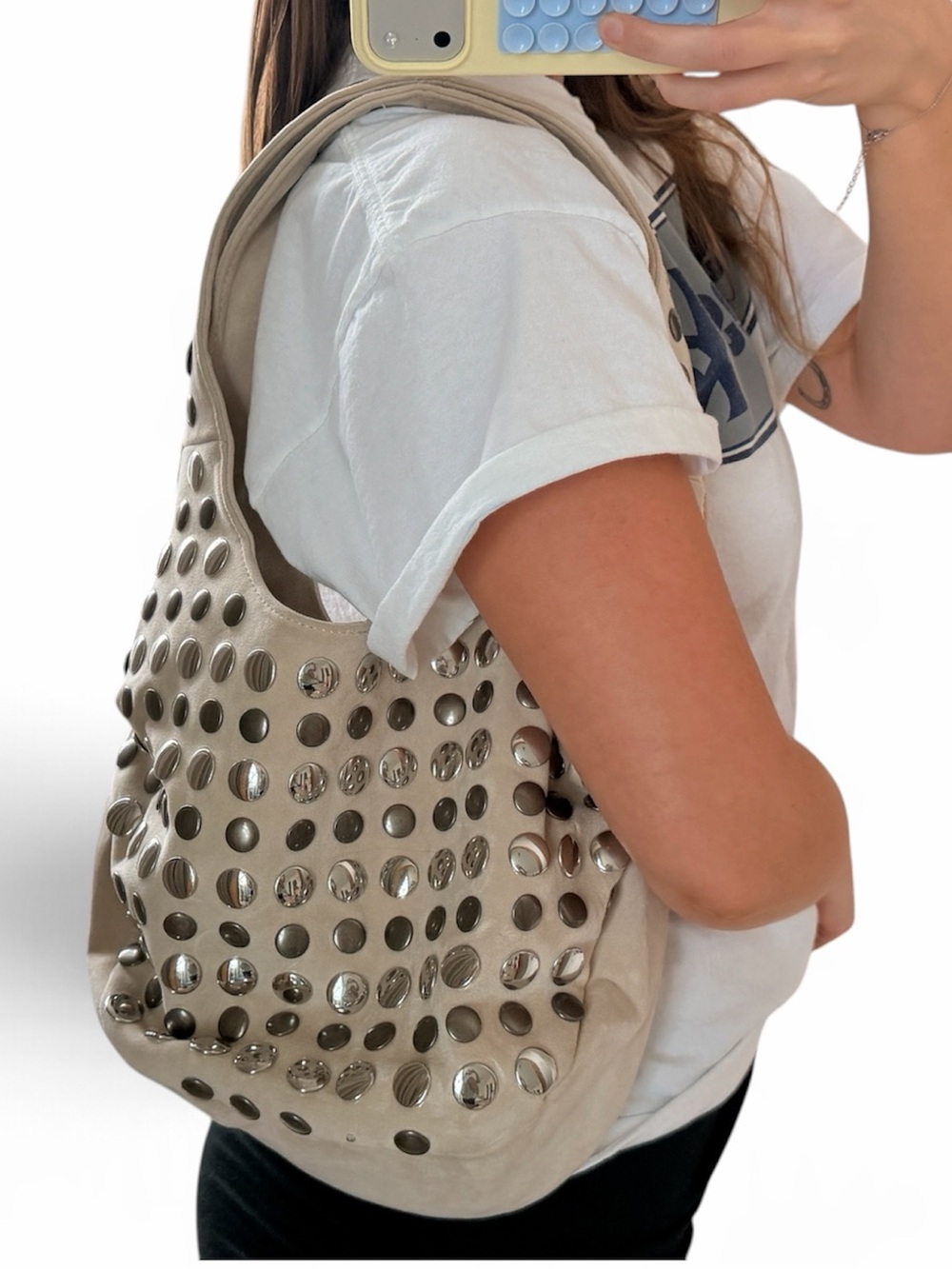 Bershka Beige Silver Studded Hobo Shoulder Bag Y2K